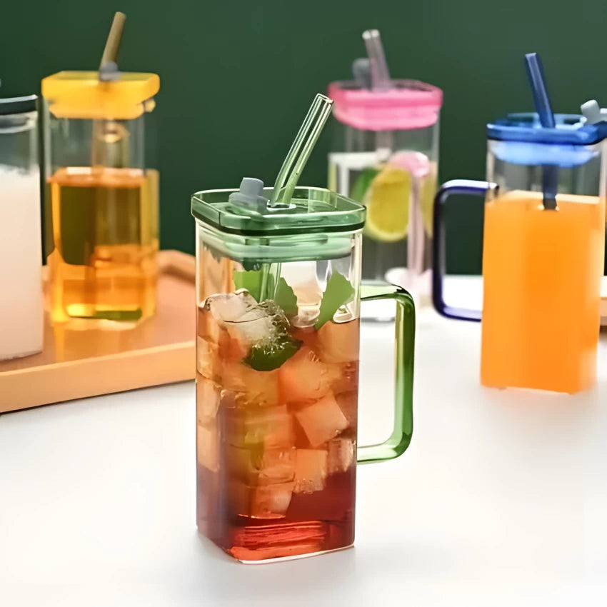 Borosilicate Transparent Square Glass Mug with Lid & Straw